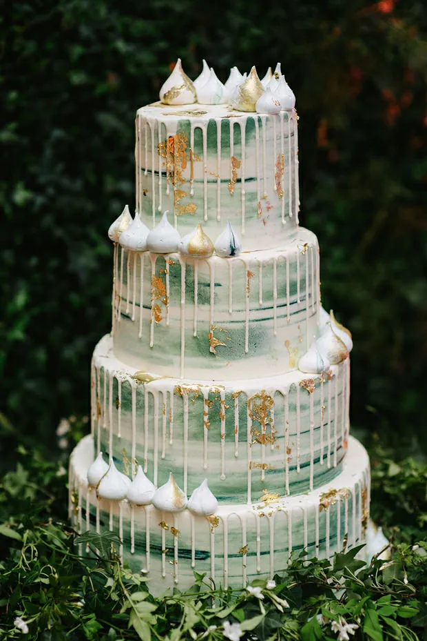 Brushed-green-and-white-drip-wedding-cake-with-meringue-kisses-by-Lily-Pink-Bakery