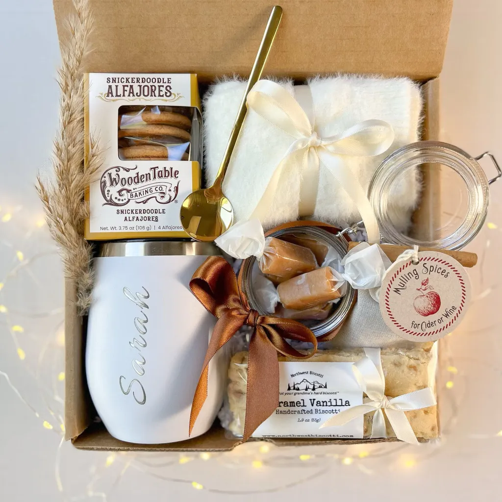 comfort-hygge-unique-gift-basket-ideas-with-personalized-wine-tumbler-and-gourmet-snacks