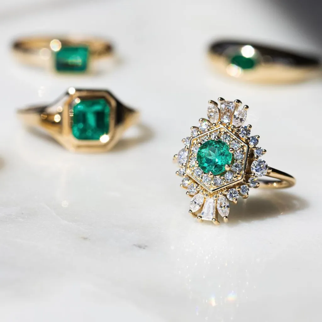 collection-of-boho-emerald-engagement-rings