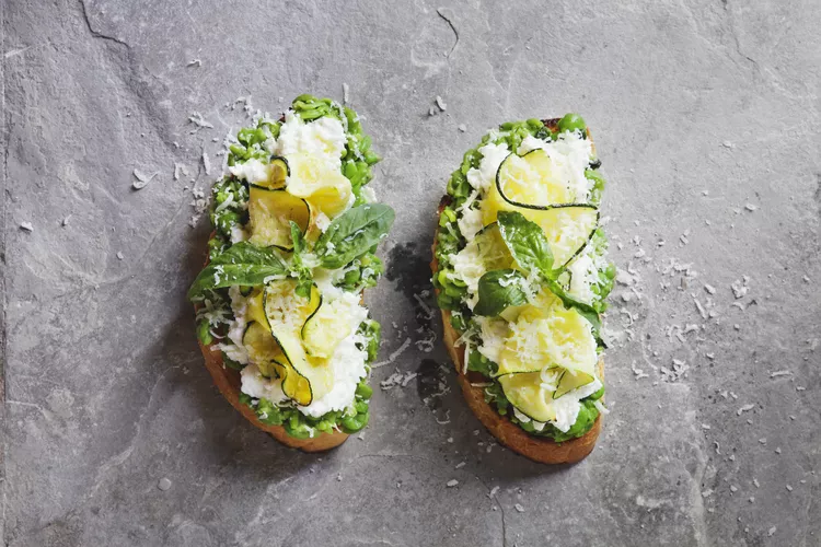 bruschetta-with-grilled-zucchini--snow-peas-and-mint--mozzarella-and-ricotta-cheese