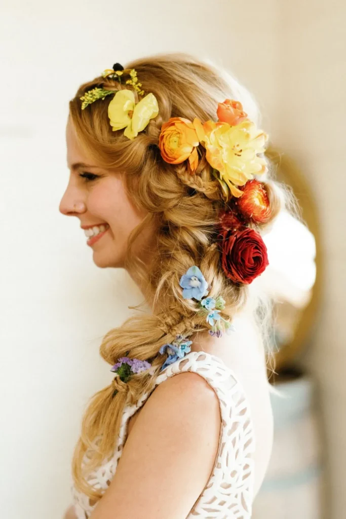 boho-side-part-best-braided-wedding-hairstyles-with-rainbow-flower-hair-pins