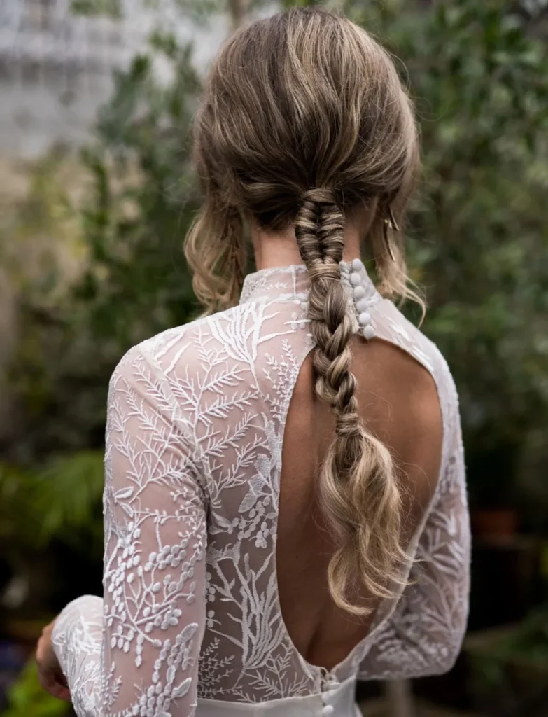 elegant-boho-low-ponytail-thin-braided-wedding-hair-inspo